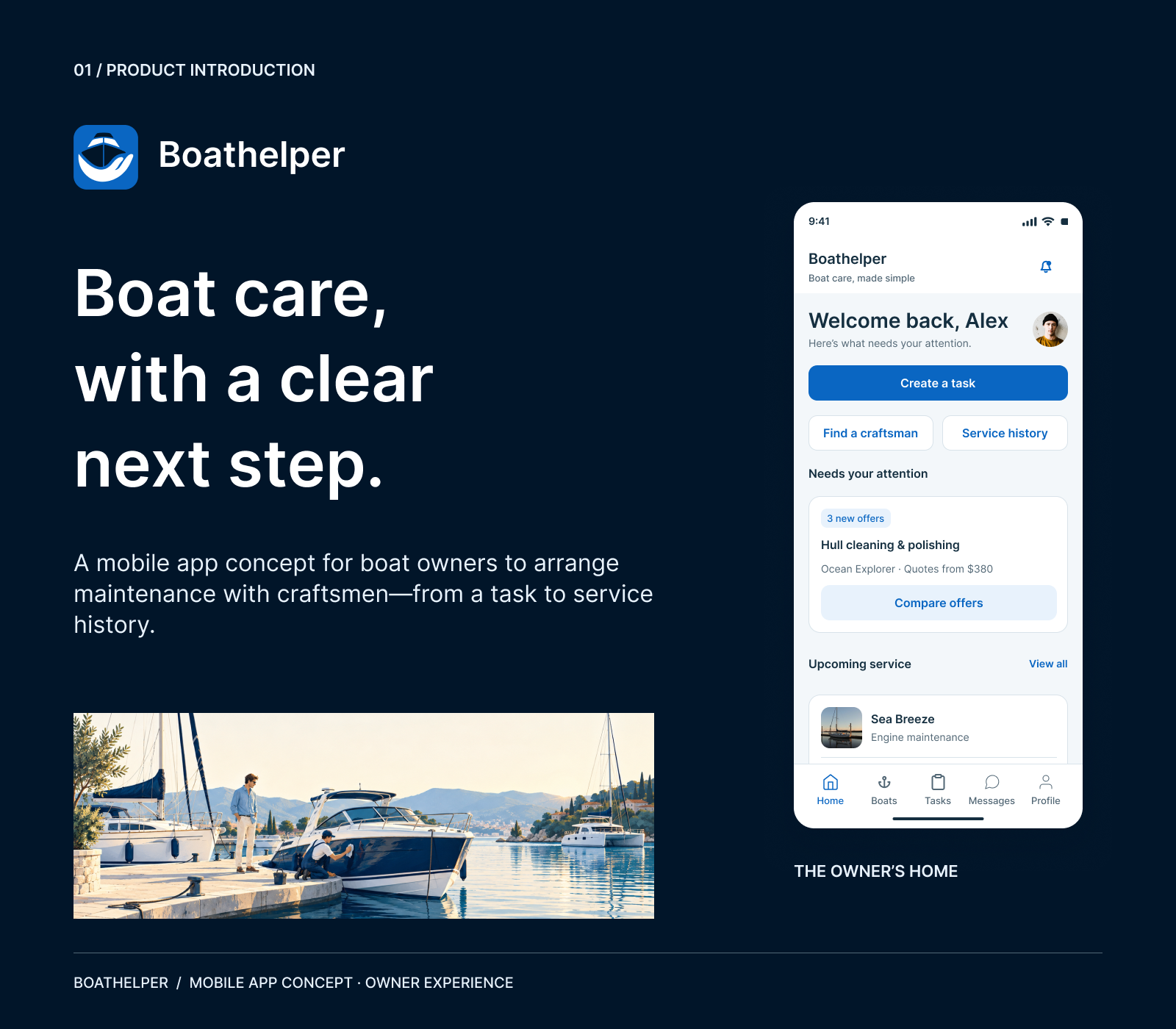 Boathelper mobile app concept for boat owners with the updated home screen