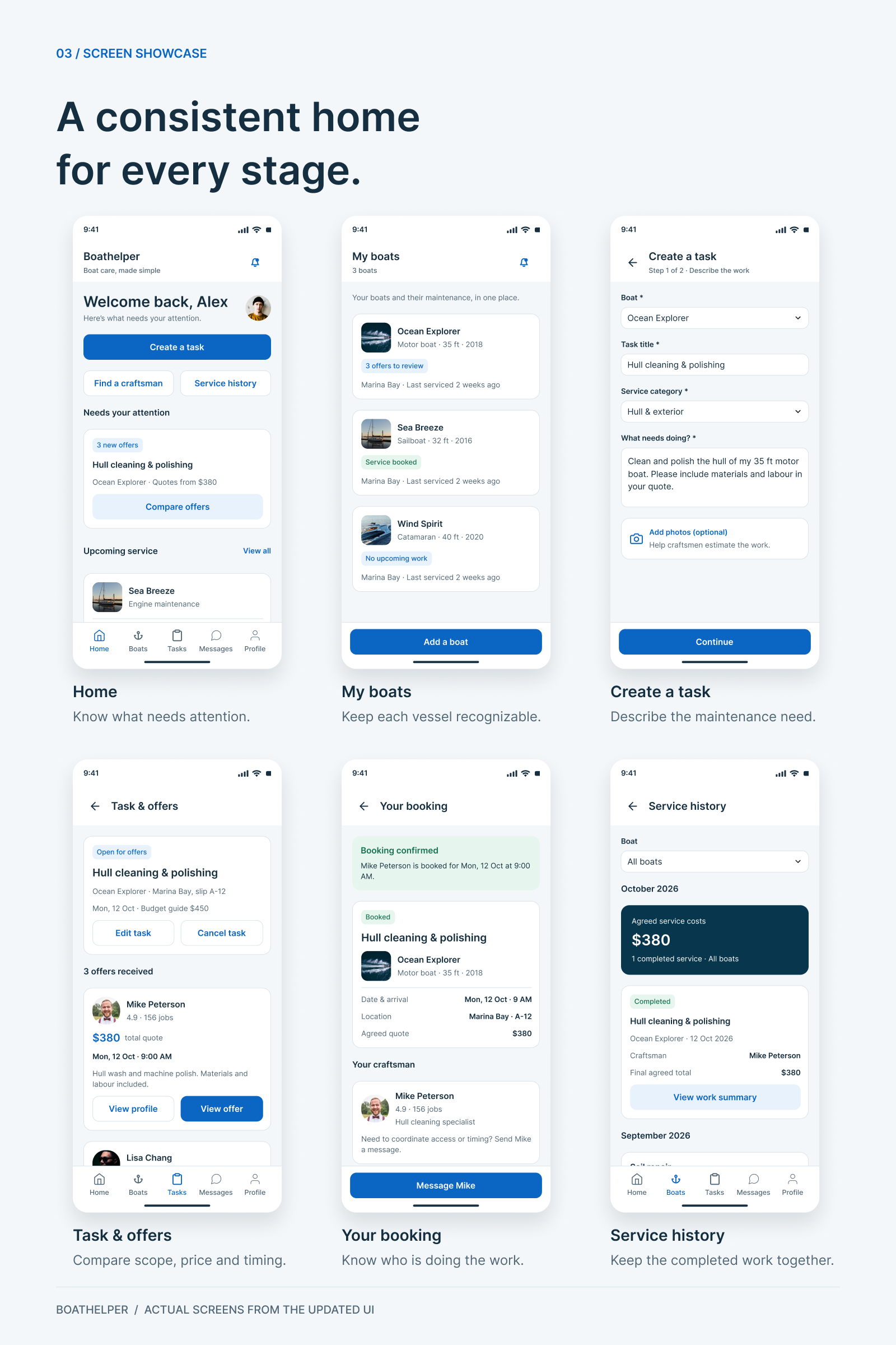 Six updated Boathelper screens covering home, boats, tasks, offers, booking and service history