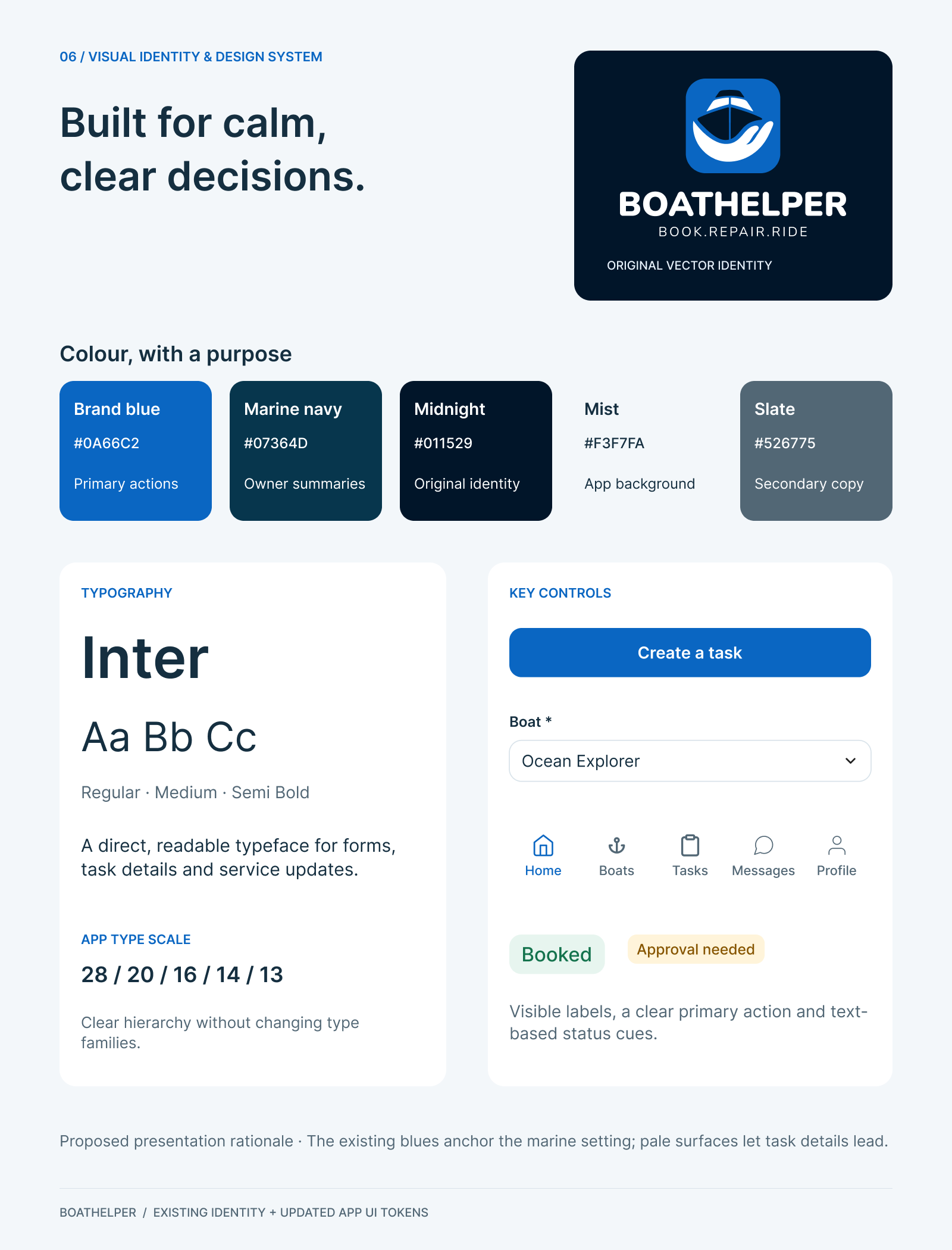 Boathelper original identity, marine colour palette, Inter typography and app controls