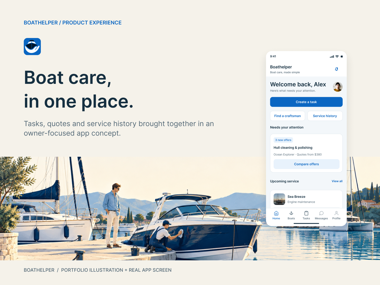 Boathelper home screen alongside an illustrated boat-maintenance scene