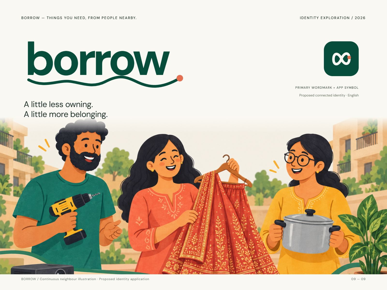 Borrow neighbourhood sharing brand and mobile app presentation