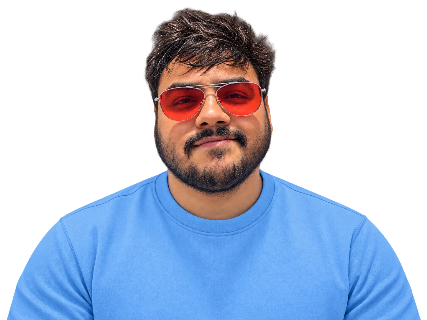 Full-shoulder portrait of Desh Deepak Singh in red aviator sunglasses and a blue crewneck