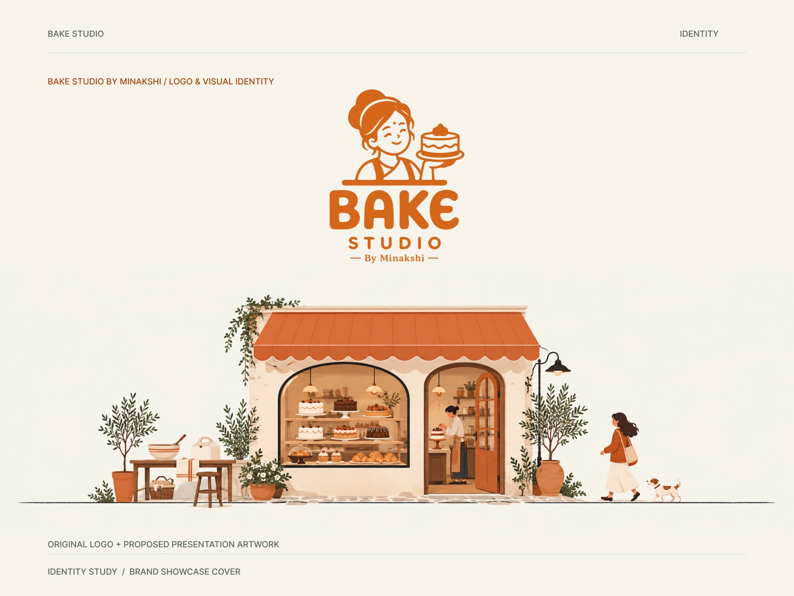Bake Studio by Minakshi original orange baker logo with a proposed bakery illustration