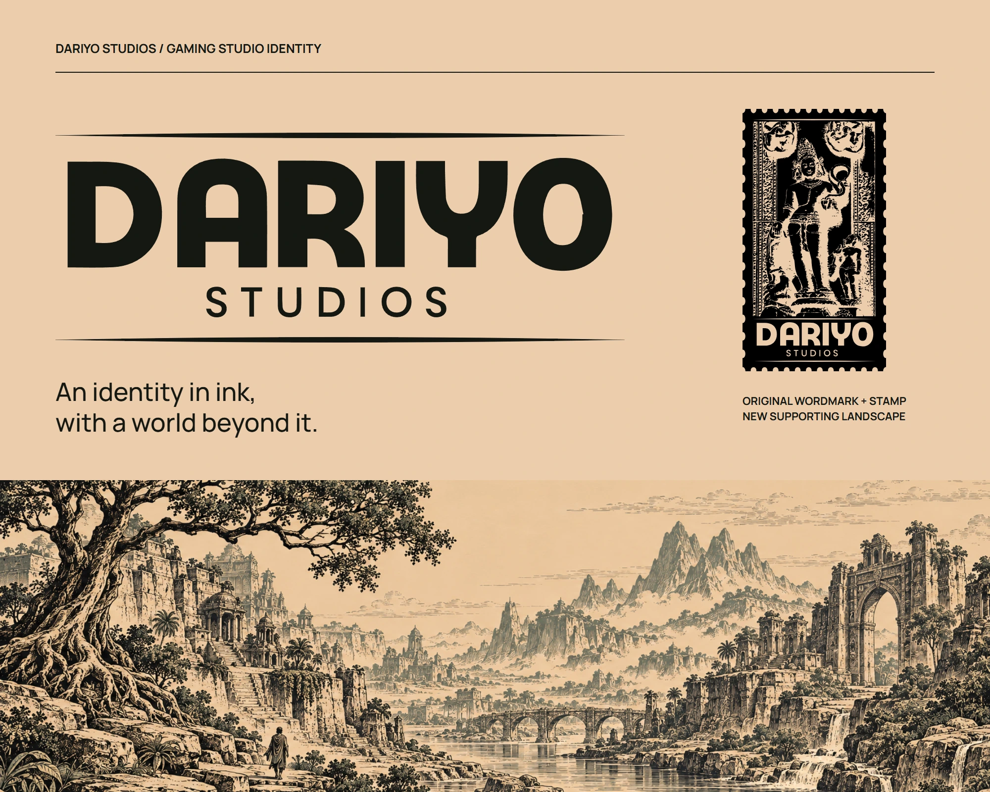 DARIYO Studios original wordmark and stamp emblem above a proposed continuous engraved landscape