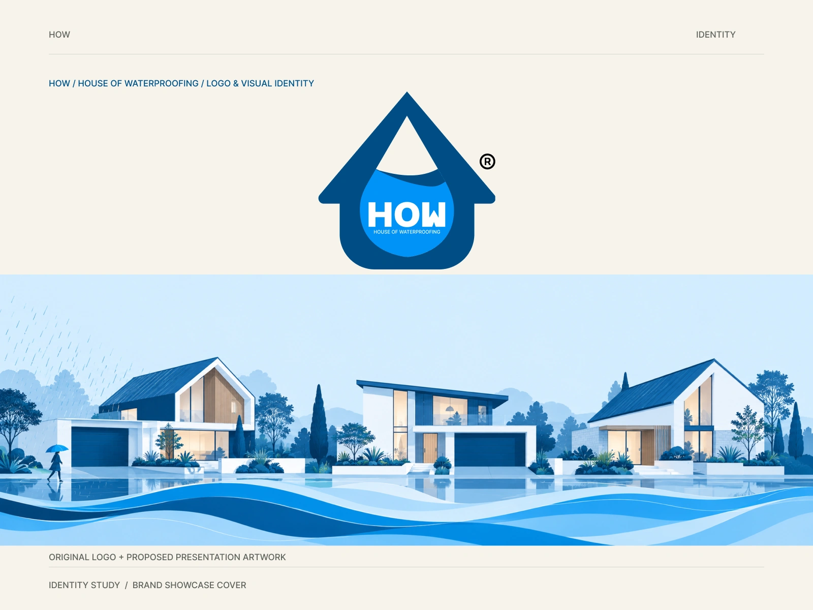 HOW House of Waterproofing original blue symbol with a proposed architectural illustration