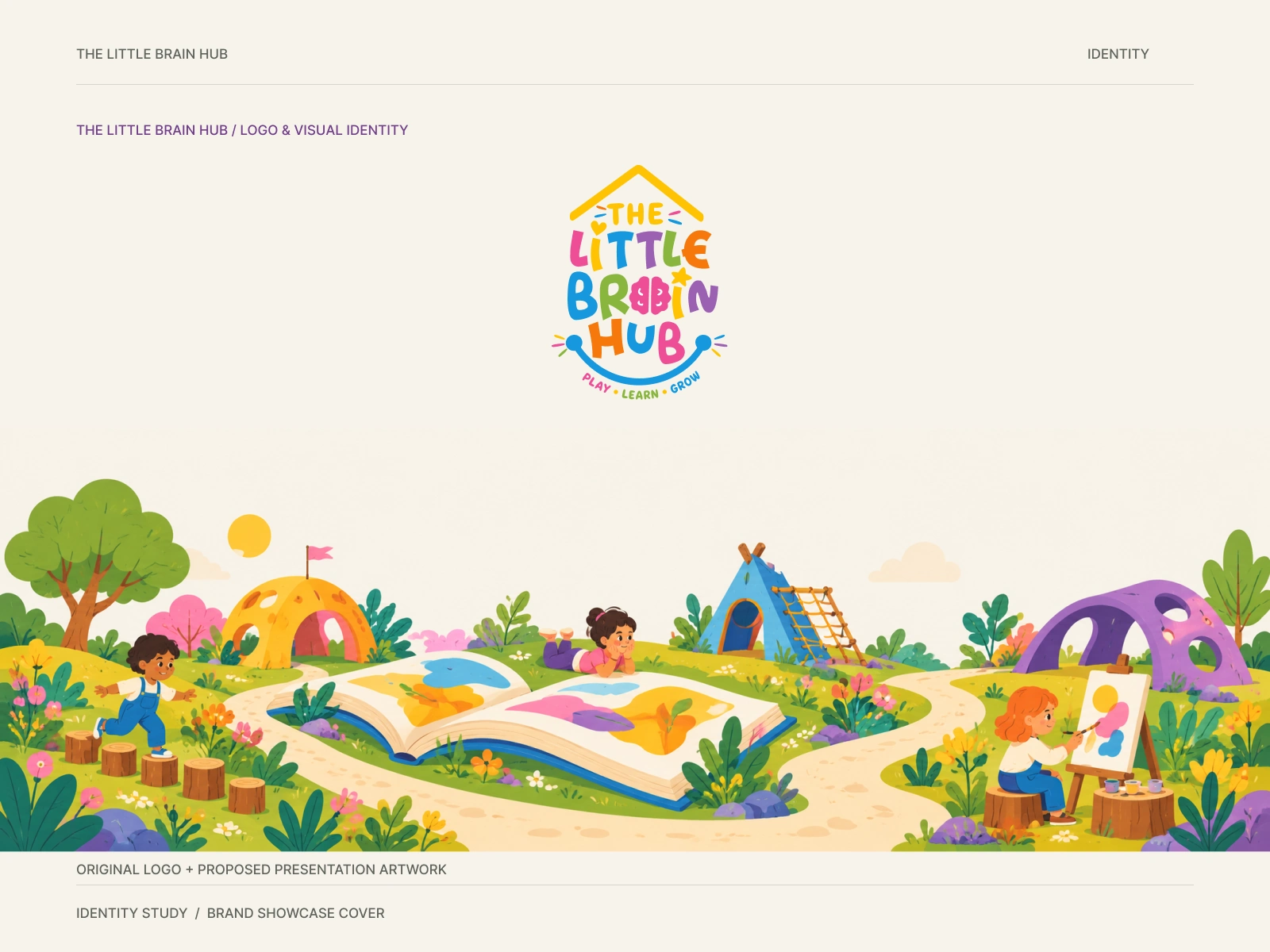 The Little Brain Hub original colourful logo with a proposed illustrated learning garden