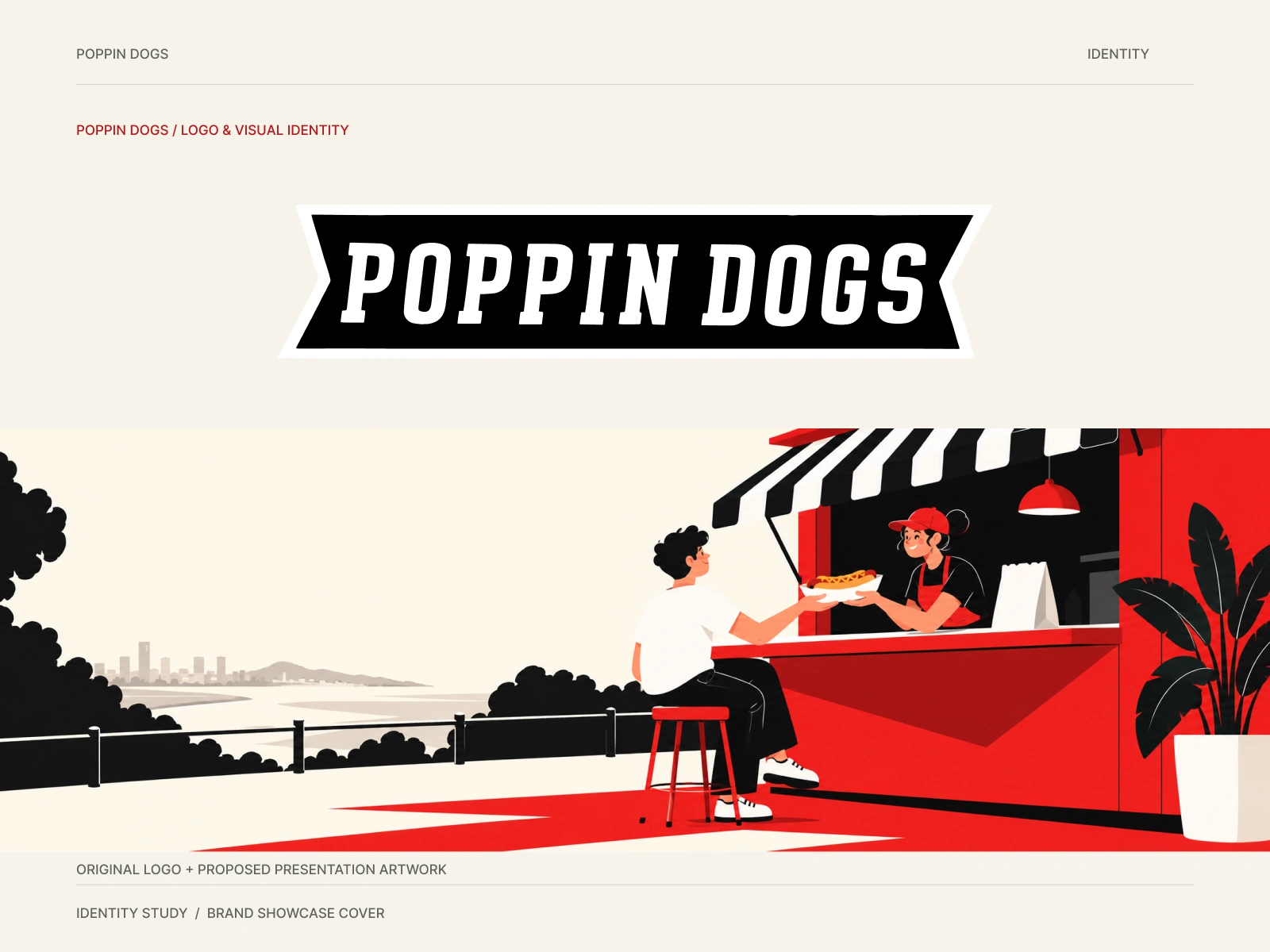 POPPIN DOGS original banner wordmark with a proposed red street-food kiosk illustration